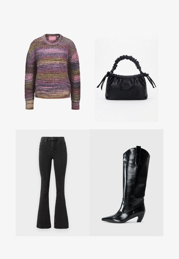 Multifarvet strikket sweater med vandrette striber i pink, brun, gul og blå, med rund hals og ribstrikkede manchetter og kant.; Sorte højtaljede flare jeans med frontknap- og lynlåslukning, for- og baglommer samt lige syede kanter.; Sorte læderknæhøje støvler med spids tå, lav hæl og dekorative syninger på siderne. Glat, blank overflade.; Sort taske med krokodilletekstur, rynket øverste kant, samlet hank og snore med kvaster på hver side mod en hvid baggrund.