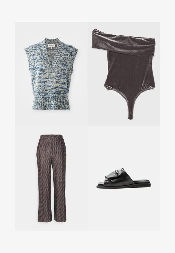 Ærmeløs strikket top i blå og creme med V-hals, struktureret mønster, ribbet søm og brede skulderåbninger. Mærke: MUNTHE.; Agolde BREE BANDED BODYSUIT - T-shirts print - shark/gunmetal; Object OBJLUX PANTS - Bukser - black; Sort læder slide sandal med polstret sål og frontlomme med lynlås på remmen.