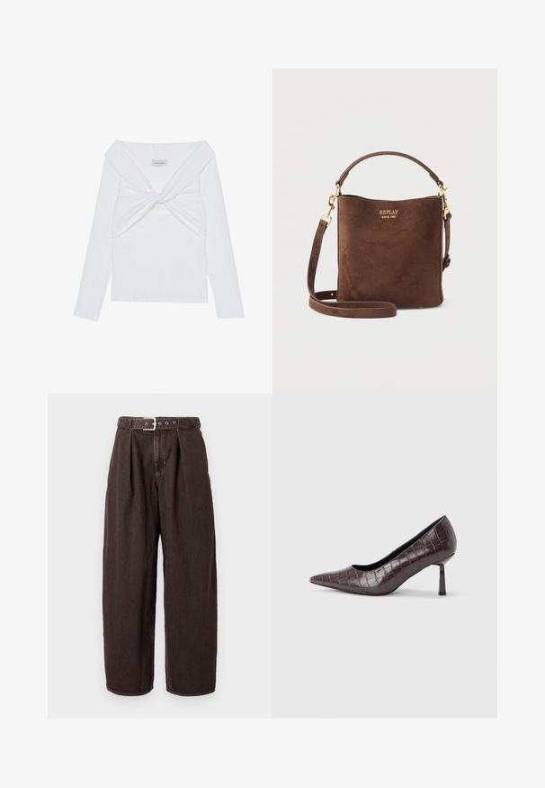 Haut à manches longues blanc côtelé avec un design à front tordu, présentant un large col et des bords sans coutures. Marque : Anna Field.; Pantalon ample marron foncé avec plis et ceinture à boucle argentée à la taille, présenté sur un fond clair uni.; Escarpins à bout pointu en similicuir marron avec une texture crocodile, dotés d’un talon fin et angulaire ainsi que d’une doublure intérieure lisse.; Sac à main en daim marron avec le logo doré "REPLAY SINCE 1981", doté d'une poignée courte et d'une longue bandoulière amovible avec des accessoires dorés.