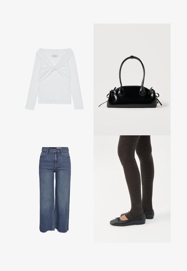 Haut à manches longues blanc côtelé avec un design à front tordu, présentant un large col et des bords sans coutures. Marque : Anna Field.; Jean large bleu à taille haute, avec boutons devant, fermeture éclair, cinq poches et ourlets effilochés.; Jambes portant des leggings côtelés foncés associés à des ballerines noires avec de petits détails en nœud sur fond blanc.; Petit sac à main noir brillant avec deux longues anses et des détails à cordon sur les côtés sur un fond clair uni.