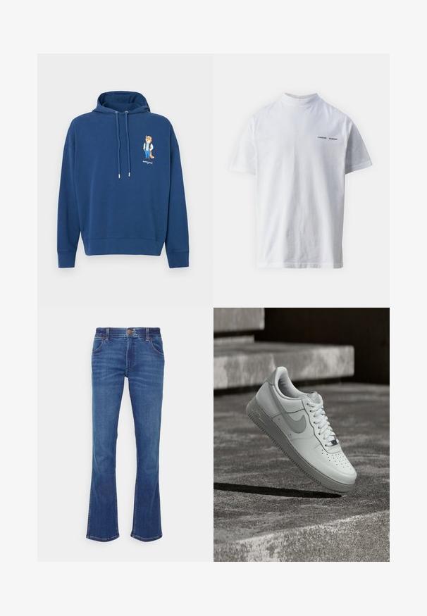 Navyblauwe hoodie van zachte stof met een voorprint van een vos in casual kleding. Inclusief een capuchon met trekkoord en ribbelboorden.; Witte katoenen t-shirt met een hoge hals en korte mouwen. Voorzien van het 'SAMSØE SAMSØE' logo in het zwart op de voorkant. Glad van textuur.; Blauwe denim flared jeans met een middelhoge taille. Beschikt over vijf zakken, contrasterende stiksels en een knoopsluiting. Soepele textuur.; Witte Nike Air Force 1 sneaker zwevend boven een geribbelde betonnen ondergrond met stenen traptreden op de achtergrond.