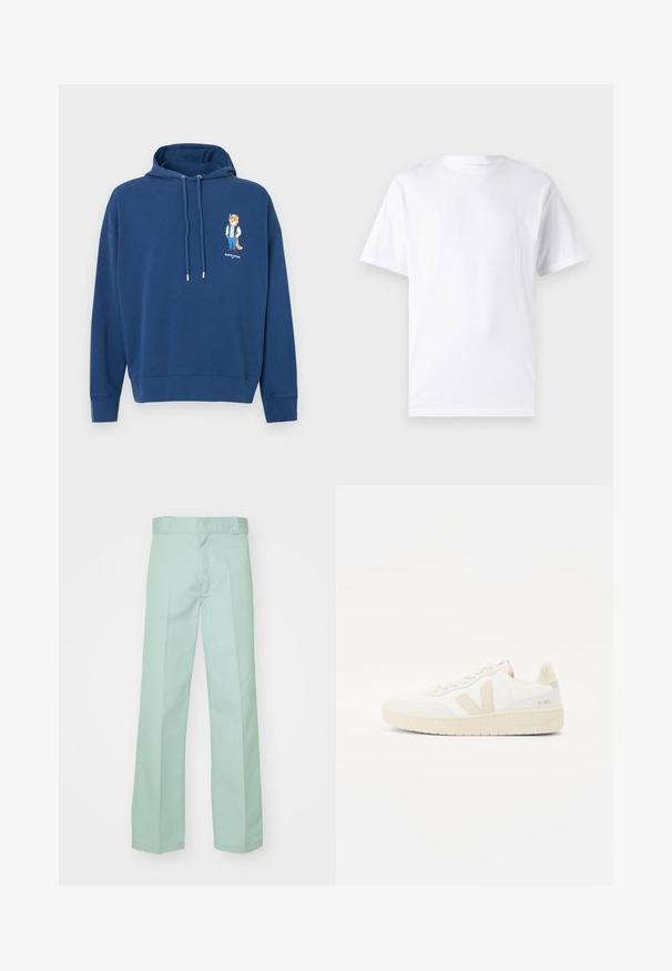 Navyblauwe hoodie van zachte stof met een voorprint van een vos in casual kleding. Inclusief een capuchon met trekkoord en ribbelboorden.; Witte T-shirt met korte mouwen, gemaakt van katoen, met een ronde hals. Het heeft een gladde textuur en een eenvoudig ontwerp zonder patronen of accenten.; Lichtgroene broek van katoen met een rechte pijp, voorzien van een gladde textuur en een standaard tailleband met riemlussen.; Witte sneaker met beige accenten, voorzien van een gestructureerde bovenkant, ronde neus en een dikke rubberen zool. Het ontwerp bevat het iconische V-logo en merkbranding.