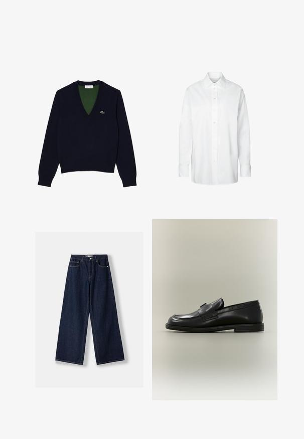 Marine V-hals sweater lavet af blødt stof, med ribbet krave og manchetter, en kontrasterende grøn inderside og et lille logo på brystet.; Hvid skjorte med lange ærmer, knapper, spidst krave og manchetter, vist på en ensfarvet baggrund.; Mørkeblå vidde denimjeans med knap- og lynlås foran, forlommer og bæltestropper, lagt fladt på en hvid baggrund.; Sort læder loafer med lav hæl, rundet tå og syningsdetaljer på en neutral baggrund.