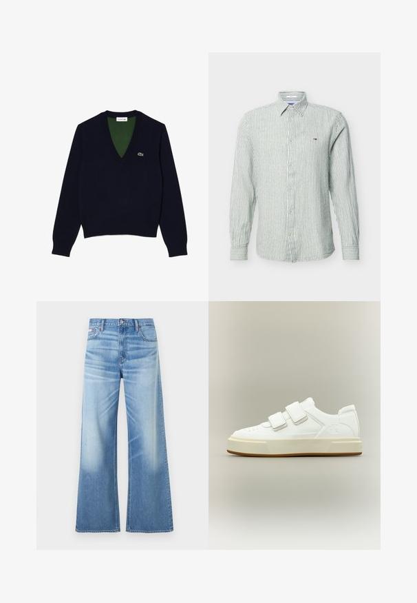 Suéter de cuello en V en color navy, confeccionado con una tela suave, que presenta un cuello y puños acanalados, con un interior verde en contraste y un pequeño logo en el pecho.; Camisa de hombre de manga larga con botones, con finas rayas verticales en gris y blanco, y pequeño logotipo en el pecho izquierdo.; Calvin Klein Jeans LOW RISE BAGGY - Vaqueros boyfriend - diamond cove; Zapatilla blanca de corte bajo con dos tiras de velcro, suela gruesa beige y sutil logo "ck" en el lateral, sobre un fondo claro y sencillo.