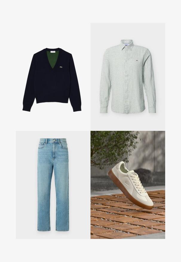Pull en V bleu marine en tissu doux, avec un col et des poignets côtelés, un intérieur vert contrastant et un petit logo sur la poitrine.; Chemise à manches longues pour hommes, boutonnée, à fines rayures verticales grises et blanches avec petit logo sur la poitrine gauche.; Jean en denim bleu clair avec une coupe droite, un design à cinq poches et une fermeture à boutons. Présente un léger effet délavé et un ourlet standard.; Baskets blanches basses avec semelle en gomme et logo crocodile en relief flottant au-dessus d'un sol en bois à motif en extérieur.