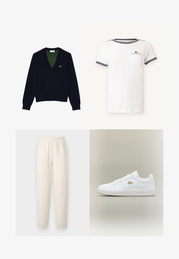 Pull en V bleu marine en tissu doux, avec un col et des poignets côtelés, un intérieur vert contrastant et un petit logo sur la poitrine.; Chemise en maille blanche à manches courtes avec bordure rayée marine au col et aux manches, avec une petite poche poitrine arborant un logo crocodile vert.; Pantalons de survêtement de couleur crème en tissu doux. Dotés d'une taille élastique et d'un design avec des jambes fuselées, avec de subtils détails de couture.; Baskets en cuir blanc avec un design basse, bout arrondi, fermeture à lacets et un accent du logo doré Lacoste sur le côté.