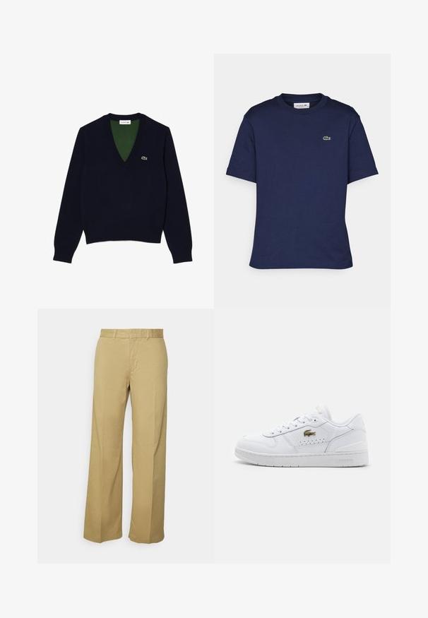 Marine V-hals sweater lavet af blødt stof, med ribbet krave og manchetter, en kontrasterende grøn inderside og et lille logo på brystet.; Kortærmet navy blue t-shirt lavet af bomuld, med rund hals og et lille grønt Lacoste-logo på venstre bryst.; Khaki brede bukser lavet af en letvægts bomuldsblanding, med lynlås og bæltesløjfer. Glat tekstur med en ren finish.; Hvide lædersneakers med en glat overflade, rund tå, perforeret side for åndbarhed, og et guld Lacoste-logo på ydersiden.