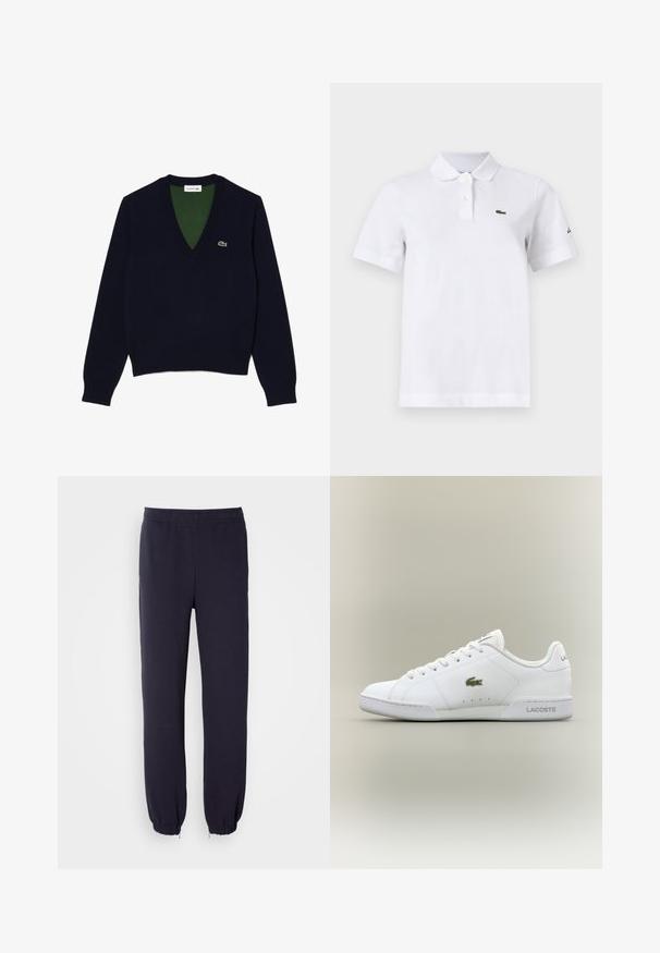 Marine V-hals sweater lavet af blødt stof, med ribbet krave og manchetter, en kontrasterende grøn inderside og et lille logo på brystet.; Hvid polo-shirt med korte ærmer med to knapper, en lille grøn krokodille-logo på venstre bryst og et diskret sort logo på venstre ærme.; Marineblå sweatpants med elastisk talje og snoreforbundne nederste kanter. Fremstillet af blød stof med en glat tekstur, uden synlige mønstre eller udsmykninger.; Hvide sportsko lavet af syntetisk læder, med et grønt broderet krokodillelogo, snørelukning og minimalistisk silhuet.