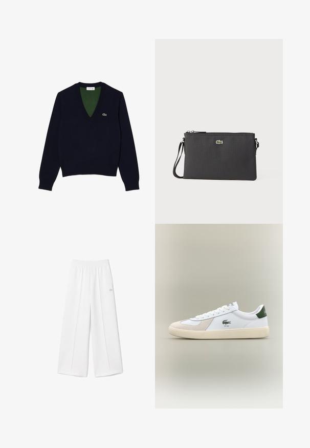 Pull en V bleu marine en tissu doux, avec un col et des poignets côtelés, un intérieur vert contrastant et un petit logo sur la poitrine.; Pantalons larges blancs avec un waistband élastique, texture de tissu douce, plis centraux et un petit logo Lacoste brodé sur le côté.; Baskets basses blanches avec des accents en suède beige, un logo vert et une languette de talon, et une semelle blanc cassé sur fond neutre.; Pochette noire en matériau synthétique texturé. Dispose d'une fermeture éclair et d'un petit logo vert à l'avant. Inclut une bandoulière.