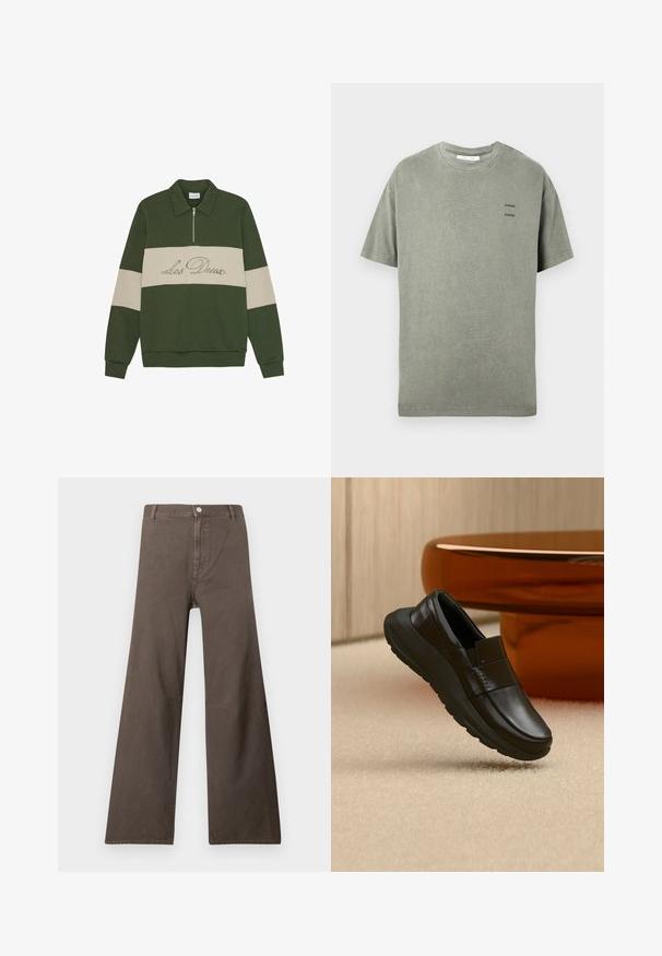 Pull olive avec un col et une fermeture éclair milieu. Rayures horizontales crème. Détail brodé "Les Deux".; T-shirt à manches courtes de couleur vert olive délavé avec un petit logo texte noir "SAMSØE" apposé deux fois sur le côté gauche de la poitrine et un col rond.; Pantalons larges marron à taille haute, fermeture à bouton, passants de ceinture et détails de couture visibles sur les jambes.; Mocassin en cuir noir avec une semelle épaisse, présenté au-dessus d'un tapis beige et près d'une base de table ronde couleur ambre.