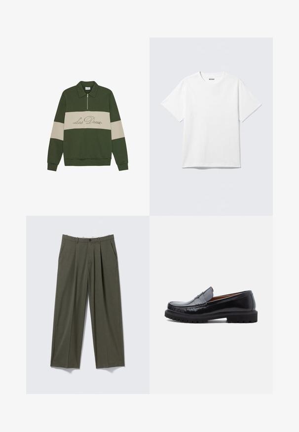 Pull olive avec un col et une fermeture éclair milieu. Rayures horizontales crème. Détail brodé "Les Deux".; T-shirt blanc à manches courtes et col rond, étalé à plat, design uni, avec l'étiquette "WEEKDAY" à l'intérieur du col sur un fond clair.; Pantalon droit vert olive avec plis devant, poches latérales, passants de ceinture et fermeture par bouton à la taille.; Mocassin penny en cuir noir avec semelle en caoutchouc épaisse et couture moc toe, montré de profil sur un fond blanc.