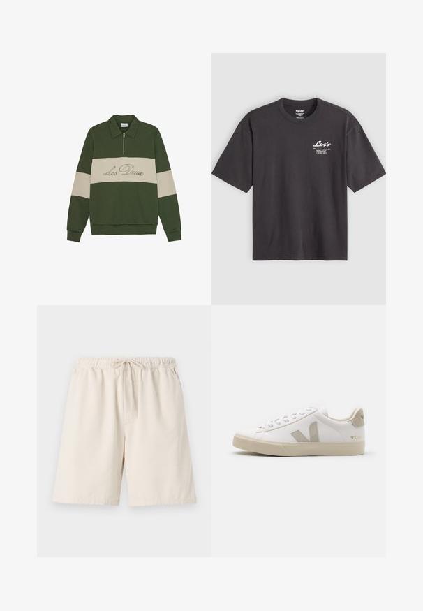 Jersey de color verde olivo con cuello de camisa, cierre de media cremallera y rayas horizontales color crema. Presenta el detalle bordado "Les Deux".; Camiseta de algodón negra con cuello redondo, mangas cortas y detalles del logo impreso en blanco en la parte superior izquierda del pecho. Textura suave, ajuste relajado.; Shorts de color beige claro con tejido acanalado, cintura elástica y cordón ajustable. Presentan bolsillos laterales y un ajuste relajado. Material de mezcla de algodón.; Zapatillas blancas de cuero con acentos en beige, suela plana de goma, puntera redonda y logotipo contrastante en el lado y la parte trasera. Diseño con cordones.