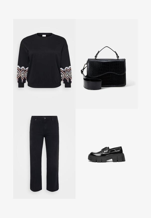 Sort sweatshirt med rund hals. Lange ærmer med intrikate broderede mønstre i hvid, pink og gul på manchetterne. Blødt stof.; Sorte denimjeans med lige ben-design. Funktioner inkluderer en knaplukning i taljen, bæltestropper og front-/baglommer. Glat tekstur.; Sort laker i patenteret læder med en kraftig sort platformsål og dekorative øjer. Glat tekstur med rund tå og snøredetalje.; Sort faux læder crossover taske med et tekstureret krokodillemønster, en top-håndtag og en justerbar rem. Egenskab: buet klaplukning.