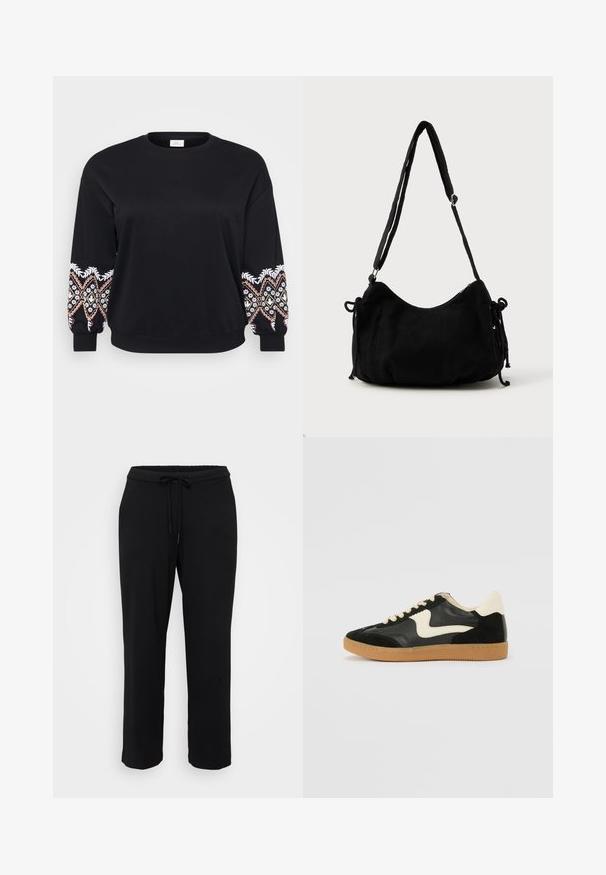 Schwarzes Sweatshirt mit rundem Ausschnitt. Lange Ärmel mit aufwändig bestickten Mustern in Weiß, Rosa und Gelb an den Bündchen. Weicher Stoff.; Schwarze Sweatpants mit lockerer Passform, elastischem Bund, verstellbarem Kordelzug und geradem Bein. Hergestellt aus weichem Stoff. Keine sichtbaren Muster.; Schwarze Wildleder- und Leder-Sneaker mit einem cremefarbenen Seiten-Swoosh und einer hellcremefarbenen Ferse. Ausgestattet mit beige Schnürsenkeln und einer Gummilaufsohle.; Schwarze Cordtasche mit geschwungener Form, verstellbarem Schultergurt und Kordelzugverschlüssen an beiden Seiten zur Größenanpassung.