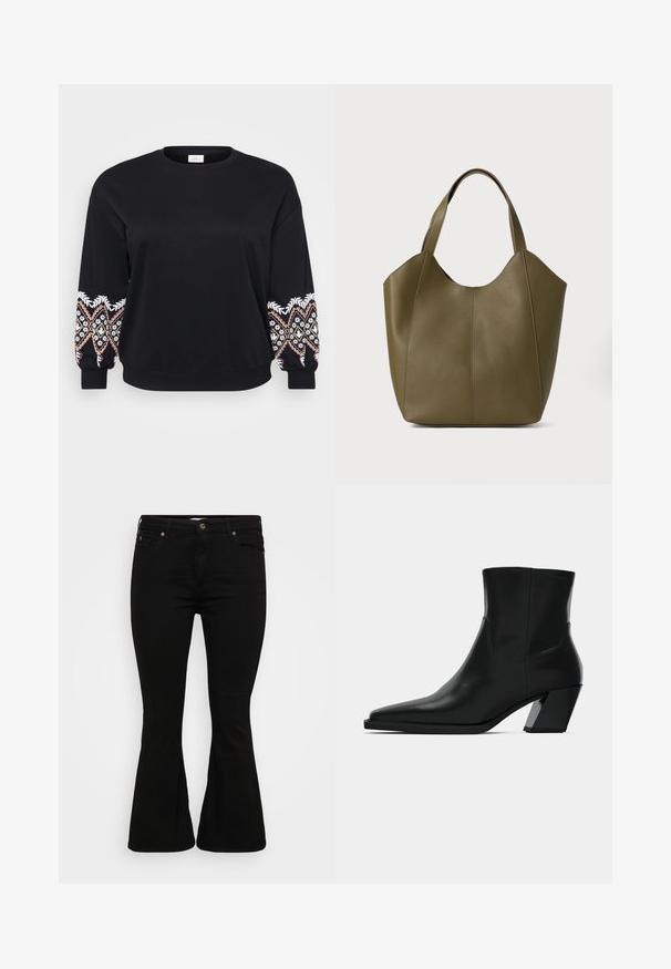 Schwarzes Sweatshirt mit rundem Ausschnitt. Lange Ärmel mit aufwändig bestickten Mustern in Weiß, Rosa und Gelb an den Bündchen. Weicher Stoff.; Schwarze, ausgestellte Jeans aus einem dehnbaren Baumwoll-Mix, mit einem klassischen Fünf-Taschen-Design und goldfarbenen Hardware-Accents auf der Vorderseite.; Schwarze Leder-Stiefelette mit spitzem Zeh, schlanker Silhouette und klobigem quadratischem Absatz. Glatte Textur mit minimalen Nähdetails.; Olivgrüne Leder-Tasche mit doppelten Trägern, glatter Textur und vierteiliger Gestaltung. Verstärkte Nähte entlang der Nähte für Langlebigkeit.