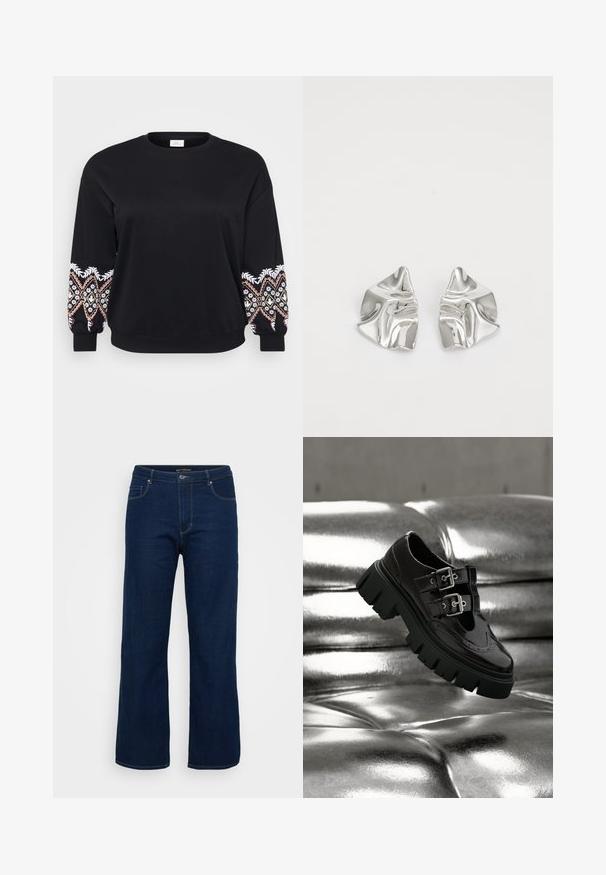 Schwarzes Sweatshirt mit rundem Ausschnitt. Lange Ärmel mit aufwändig bestickten Mustern in Weiß, Rosa und Gelb an den Bündchen. Weicher Stoff.; Dunkelblaue Denim-Jeans mit geradem Schnitt, ausgestattet mit einem Reißverschluss, fünf Taschen und sichtbaren Nähten.; Schwarzer Schuh mit klobiger Sohle und doppelten silbernen Schnallen, der über einer glänzenden metallisch silbernen, gesteppte Oberfläche schwebt.; Silberne Metallohrringe mit einem wellenförmigen, skulpturalen Design, das eine polierte Oberfläche und unregelmäßige Formen aufweist, die eine zeitgenössische Ästhetik betonen.