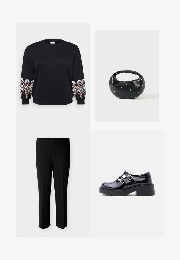 Sort sweatshirt med rund hals. Lange ærmer med intrikate broderede mønstre i hvid, pink og gul på manchetterne. Blødt stof.; Sorte skræddersyede bukser lavet af glat stof med lige snit, to forlommer og et enkelt bånd i taljen.; Sorte platformssko i laklæder med bred hæl, udskåret design og to sølvspænder hen over vristen. Flad gummisål.; Sort læderhåndtaske med en rundet form, dekoreret med sølvnitter, og et kort håndtag. Glat tekstur og lynlåslukning.