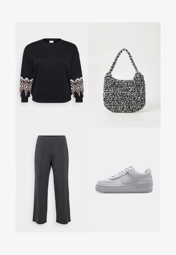 Sort sweatshirt med rund hals. Lange ærmer med intrikate broderede mønstre i hvid, pink og gul på manchetterne. Blødt stof.; Mørkegrå, vide bukser lavet af blød, strækbar stof. Har en glat talje og flad front med subtile folder for ekstra detaljer.; Grå Nike Air Force 1 sneakers med perforeret tå, glat læderoverdel, tyk sål og præget 'AIR' detalje på hælen.; Vævet håndtaske i sort og hvid med en rund form, tekstureret overflade og et fletet håndtag. Velegnet til afslappet brug.