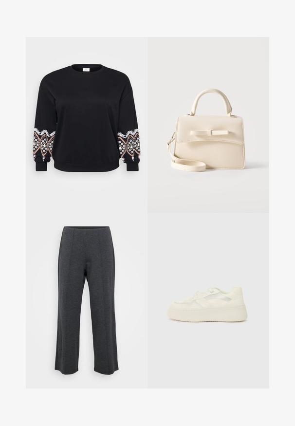 Schwarzes Sweatshirt mit rundem Ausschnitt. Lange Ärmel mit aufwändig bestickten Mustern in Weiß, Rosa und Gelb an den Bündchen. Weicher Stoff.; Dunkelgraue, weit geschnittene Hose aus weichem, elastischem Stoff. Verfügt über einen glatten Bund und eine flache Vorderseite mit dezenten Falten für zusätzlichen Detail.; Weiße Plateausneaker mit glattem Lederoberteil, genähten Akzenten und metallischen Streifen an der Seite. Abgerundete Zehenpartie und flache Gummisohle.; Kleine beige Handtasche mit Tragegriff oben, abnehmbarem Riemen, vorderer Klappe und dekorativer horizontaler Schleife vor einfarbigem Hintergrund.