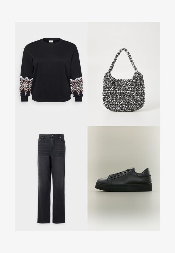 Sort sweatshirt med rund hals. Lange ærmer med intrikate broderede mønstre i hvid, pink og gul på manchetterne. Blødt stof.; Sorte jeans med lige ben, frontlommer og bæltestropper, vist mod en hvid baggrund.; Sort lav-tops lædersneakers med tyk sål, snørelukning foran og polstret krave på neutralt gråt baggrund.; Vævet håndtaske i sort og hvid med en rund form, tekstureret overflade og et fletet håndtag. Velegnet til afslappet brug.