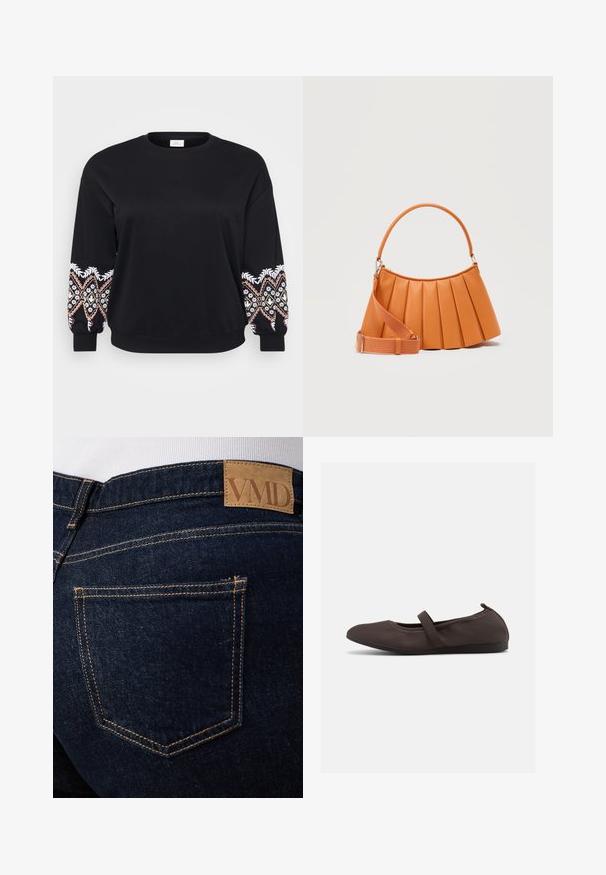 Sweatshirt noir avec col rond. Manches longues ornées de motifs brodés complexes en blanc, rose et jaune sur les poignets. Tissu doux.; Jean en denim bleu foncé avec coutures orange visibles et un patch en cuir marron portant l’inscription « VMD » au-dessus de la poche arrière droite.; Ballerine marron avec bride élastique et bout arrondi, présentée sur fond blanc, vue de côté.; Sac à main plissé couleur fauve avec une poignée supérieure incurvée et une bandoulière réglable et amovible sur un fond uni.