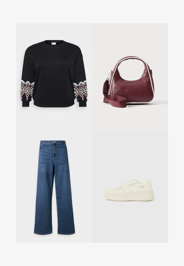 Schwarzes Sweatshirt mit rundem Ausschnitt. Lange Ärmel mit aufwändig bestickten Mustern in Weiß, Rosa und Gelb an den Bündchen. Weicher Stoff.; Blaue Jeans mit weitem Bein, vorne mit Knopf- und Reißverschluss, vorderen Taschen und Gürtelschlaufen, flach auf hellem Hintergrund liegend dargestellt.; Weiße Plateausneaker mit glattem Lederoberteil, genähten Akzenten und metallischen Streifen an der Seite. Abgerundete Zehenpartie und flache Gummisohle.; Dunkelrote gewebte Ledertasche mit gebogenem Griff, weißem Besatz, silbernem Reißverschluss und abnehmbarem breitem Stoff-Schulterriemen vor einfarbigem Hintergrund.