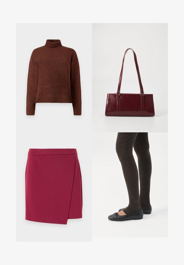 Brun rullekrave sweater lavet af blødt strikket stof, med en afslappet pasform, ribbede manchetter og kant. Glat tekstur med minimal detaljer.; Omslagsnederdel i dyb bourgogne, lavet af blødt stof. Har en glat talje og en asymmetrisk sømkant, der skaber en flydende silhuet.; Ben iført mørke ribbede leggings kombineret med sorte balletsko med små sløjfedetaljer på hvid baggrund.; Bordeaux håndtaske lavet af glansfuldt materiale, rektangulær form, med to skulderremme og subtile buede detaljer på forsiden.