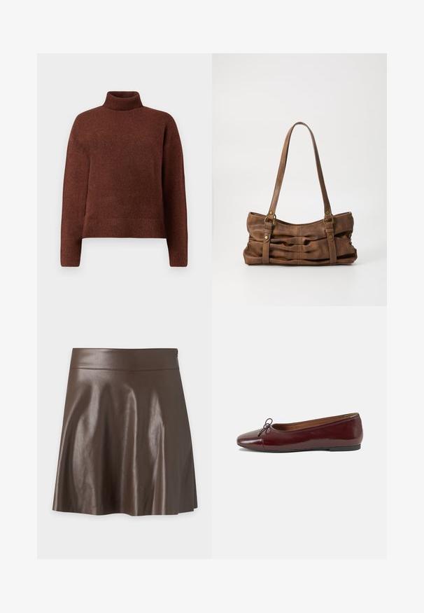 Brun rullekrave sweater lavet af blødt strikket stof, med en afslappet pasform, ribbede manchetter og kant. Glat tekstur med minimal detaljer.; Mørkebrun A-formet nederdel i kunstlæder med høj talje og glat, let skinnende tekstur.; Bordeaux patentlæder balletflad med rund tå, lille sløjfeaccent foran og en lav, sort gummisål. Glat tekstur.; Even&Odd Håndtasker - brown