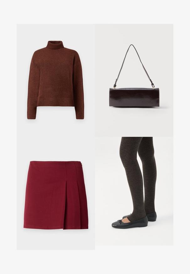 Brun rullekrave sweater lavet af blødt strikket stof, med en afslappet pasform, ribbede manchetter og kant. Glat tekstur med minimal detaljer.; Bordeaux plisseret miniskørt med en glat overflade, tætsiddende talje og lynlås i siden. Simple, minimalistisk design uden mønstre.; Ben iført mørke ribbede leggings kombineret med sorte balletsko med små sløjfedetaljer på hvid baggrund.; Rektangulær sort læderhåndtaske med en enkelt lang rem og blank finish, vist mod en ensfarvet hvid baggrund.
