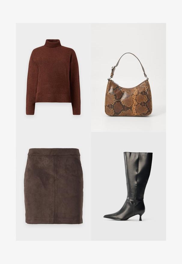 Brun rullekrave sweater lavet af blødt strikket stof, med en afslappet pasform, ribbede manchetter og kant. Glat tekstur med minimal detaljer.; Brun ruskind mini-nederdel med en glat tekstur, tætsiddende design og en flad talje, der har lodrette sømme for struktur.; Sort knæhøj læderstøvle med spids tå og lav kittenhæl, vist på en enkel lys baggrund.; Lille håndtaske med brun og sort slangeskinn mønster, kort justerbar rem og lynlåslukning.