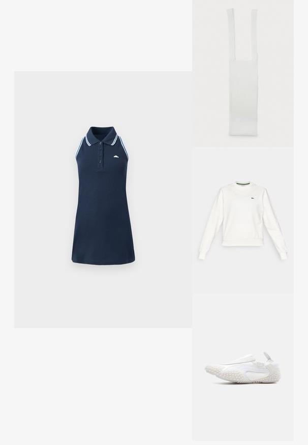 Weißes Rundhals-Sweatshirt mit langen Ärmeln, gerippten Bündchen und Saum, mit einem kleinen grünen Krokodil-Logo auf der linken Brust.; Marineblaues ärmelloses Polokleid mit weißem und hellblau gestreiftem Besatz an Schultern und Kragen, mit Knopfleiste und kleinem Logo auf der Brust.; Weißer Slip-On-Sneaker mit strukturierter Gummisohle und -seiten, elastischem Kragen und Zuglasche an der Ferse, seitlich auf einfachem Hintergrund dargestellt.; Weißen Baumwollriemen mit zwei verlängerten Griffen, die eine glatte Textur und einen rechteckigen Körper aufweisen. Einfaches Design, keine zusätzlichen Muster oder Verzierungen.