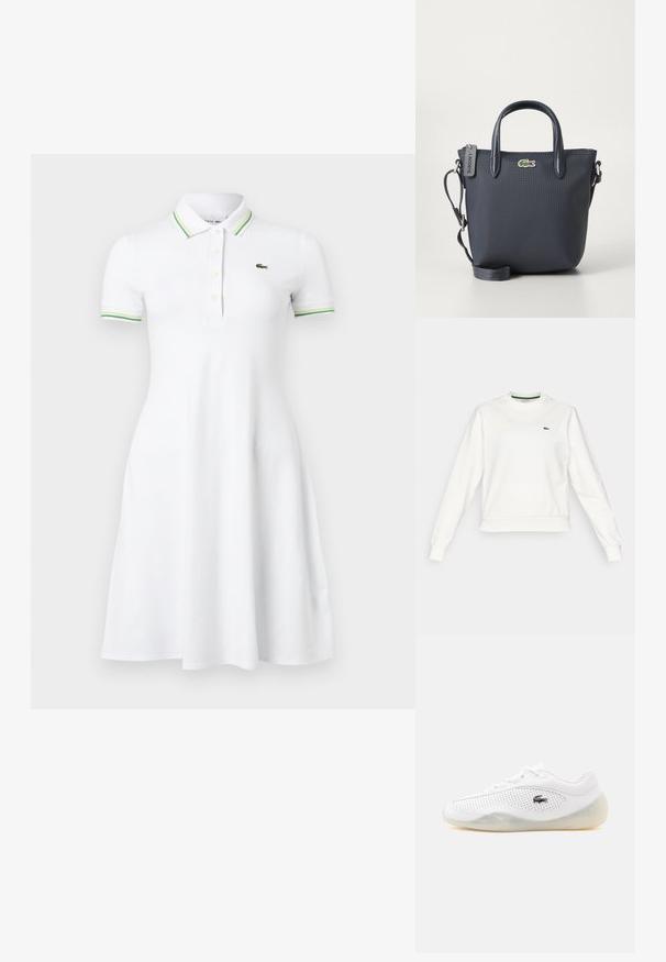 Sudadera blanca de cuello redondo con mangas largas, puños y dobladillo acanalados, que presenta un pequeño logo de cocodrilo verde en el lado izquierdo del pecho.; Vestido tipo polo blanco de manga corta con cuello y puños de manga a rayas verdes, tapeta con botones y pequeño logotipo de cocodrilo verde en el pecho.; Zapatilla blanca de corte bajo con laterales perforados, suela translúcida, cordones y un pequeño logo negro de cocodrilo en el lado exterior.; Bolso de mano en azul marino con tejido texturizado, dos asas superiores y una correa desmontable. Presenta un pequeño logo de Lacoste y cierre con cremallera.