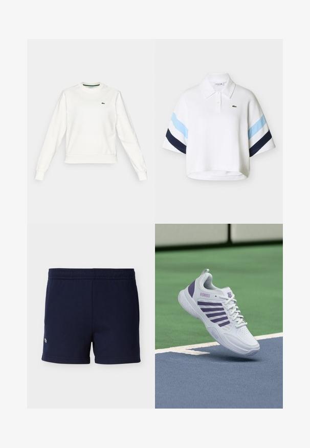 Witte sweatshirt met ronde hals en lange mouwen, met ribgebreide manchetten en zoom, voorzien van een klein groen krokodillenlogo op de linkerborst.; Witte cropped poloshirt met lichtblauwe en marineblauwe strepen op de mouwen en een klein groen krokodillenlogo op de borst.; Donkerblauwe katoenen shorts met elastische tailleband en een klein geborduurd logo vlak bij de onderste linkerzoom, weergegeven tegen een effen achtergrond.; Witte en paarse K-Swiss tennisschoen zwevend boven een blauw-groen tennisbaanoppervlak met witte begrenzingslijnen.