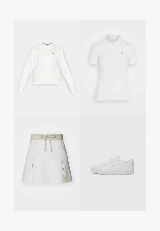 Hvid crewneck sweatshirts med lange ærmer, ribbede manchetter og kant, der har et lille grønt krokodille-logo på venstre bryst.; Hvid polo-shirt lavet af ribbet stof, med krave, knaplukning og et grønt Lacoste-logo på venstre bryst.; Hvid skort med en beige elastisk talje og snøre. Har neongule sidelogoer og plisseringer. Lacoste-logoet er placeret nederst til venstre.; Hvide atletiske sneakers med en glat læderoverdel, lysegule detaljer på hælen, hvide snørebånd og en gummisål. Lacoste-logoet på siden.