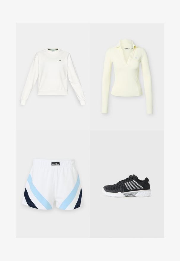 Sudadera blanca de cuello redondo con mangas largas, puños y dobladillo acanalados, que presenta un pequeño logo de cocodrilo verde en el lado izquierdo del pecho.; Top ajustado de manga larga en color crema con cuello y escote en V profundo, que presenta un pequeño logotipo azul claro en el pecho izquierdo.; Pantalones cortos deportivos blancos con cintura elástica, que presentan franjas diagonales en azul claro y azul marino, y una parche con el logo de Lacoste en negro en el centro trasero.; Zapatilla deportiva negra con suela blanca antideslizante, rayas blancas diagonales en el lateral, puntera texturizada y cierre de cordones sobre un fondo gris.