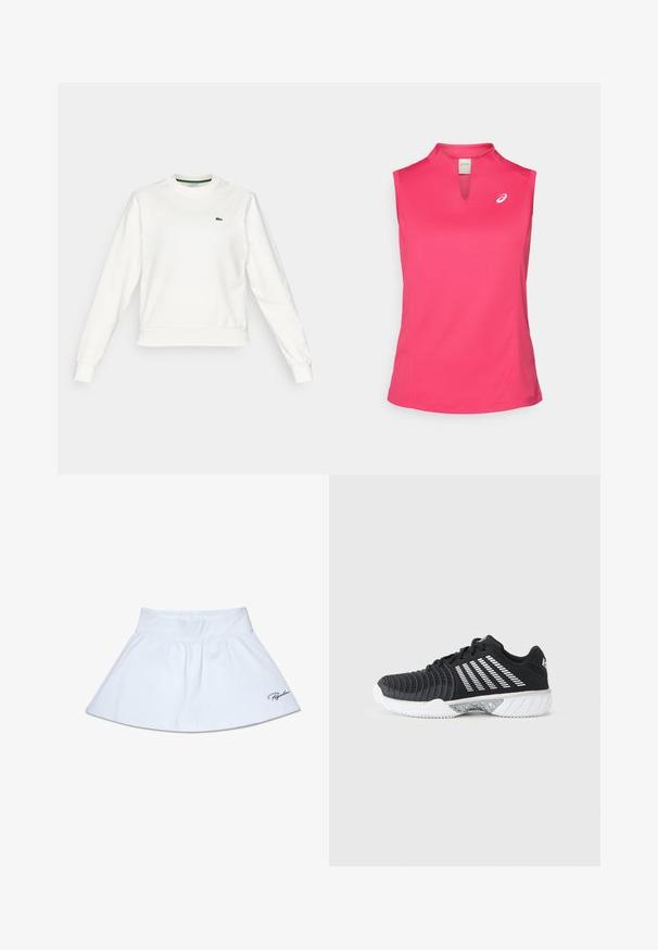 Weißes Rundhals-Sweatshirt mit langen Ärmeln, gerippten Bündchen und Saum, mit einem kleinen grünen Krokodil-Logo auf der linken Brust.; ASICS COURT TANK - Top - bright rose; Weißer Tennisrock mit einem ausgestellten Design und einer glatten Textur. Verfügt über einen elastischen Bund und ein kleines, in Schwarz gesticktes Logo.; Schwarzer Sportschuh mit weißer Griffigkeitssohle, diagonalen weißen Streifen an der Seite, strukturiertem Zehenschutz und Schnürverschluss vor grauem Hintergrund.