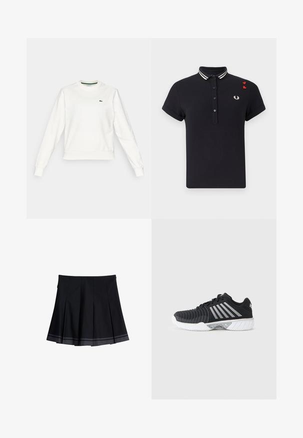 Sudadera blanca de cuello redondo con mangas largas, puños y dobladillo acanalados, que presenta un pequeño logo de cocodrilo verde en el lado izquierdo del pecho.; Camiseta polo negra de manga corta con cuello a rayas blancas, botones en forma de corazón, logo de laurel bordado y dos pequeños parches rojos en forma de corazón en el hombro.; Falda negra plisada con dos franjas grises horizontales cerca del dobladillo, con una cinturilla suave y detalles laterales sutiles.; Zapatilla deportiva negra con suela blanca antideslizante, rayas blancas diagonales en el lateral, puntera texturizada y cierre de cordones sobre un fondo gris.