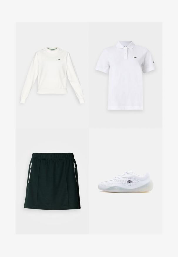 Valge crewneck-svetar pikkade varrukatega, ribaga mansettide ja hemiga, millel on vasakul rinnal väike roheline krokodilli logo.; Valge lühikeste varrukatega polo-särk, millel on kaks nööpi, väike roheline krokodilli logo vasakul rinnal ja diskreetne must logo vasakul varrukal.; Mustad sportlik seelik, mis on valmistatud pehmest materjalist, elastse vöökoha, kahe külgpocketsi ja volditud detailidega, et anda struktureeritud kujundus.; Valged madala lõikega tossud õhukeste külgedega, läbipaistev tald, paelad ja must Lacoste krokodillilogo väljaspool.