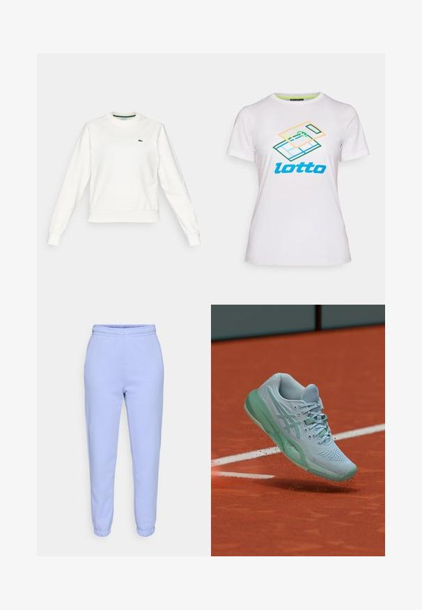 Sudadera blanca de cuello redondo con mangas largas, puños y dobladillo acanalados, que presenta un pequeño logo de cocodrilo verde en el lado izquierdo del pecho.; Camiseta blanca de algodón de manga corta, con un gráfico geométrico colorido y el logo "lotto" en azul en la parte frontal.; Pantalones jogger de color azul claro en tejido suave, con cintura elástica y puños ajustados. Sin patrones visibles ni detalles metálicos.; Zapatilla de tenis azul clara levantando polvo de arcilla en una pista de tenis naranja cerca de una línea blanca de límite.