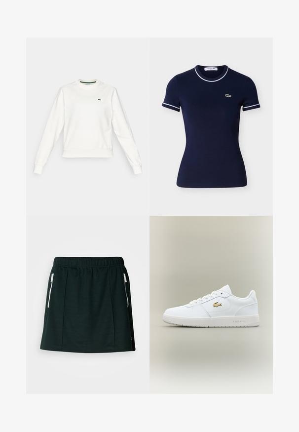 Weißes Rundhals-Sweatshirt mit langen Ärmeln, gerippten Bündchen und Saum, mit einem kleinen grünen Krokodil-Logo auf der linken Brust.; Marineblaues Baumwoll-T-Shirt mit kurzen Ärmeln, weißer Paspelierung am Kragen und den Ärmeln sowie einem kleinen grünen Lacoste-Logo.; Schwarzer Sportrock aus weichem Material, mit einem elastischen Bund, zwei seitlichen Reißverschlusstaschen und Falten-Details für eine strukturierte Form.; Weiße Ledersneaker mit einem Low-Top-Design, runder Zehenpartie, Schnürverschluss und einem goldenen Lacoste-Logo-Akzent an der Seite.