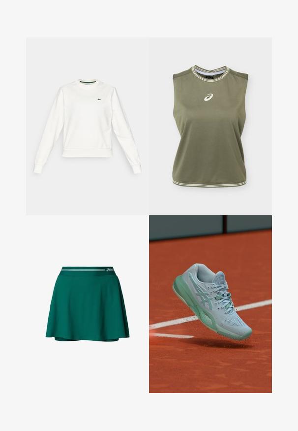 Sudadera blanca de cuello redondo con mangas largas, puños y dobladillo acanalados, que presenta un pequeño logo de cocodrilo verde en el lado izquierdo del pecho.; Top atlético sin mangas de color verde oliva con logo blanco de Asics centrado en el pecho, escote redondo con rayas blancas y dobladillo.; Falda pantalón deportiva verde con pantalones cortos incorporados, cintura elástica con franjas blancas y logo de Asics en el lado derecho.; Zapatilla de tenis azul clara levantando polvo de arcilla en una pista de tenis naranja cerca de una línea blanca de límite.