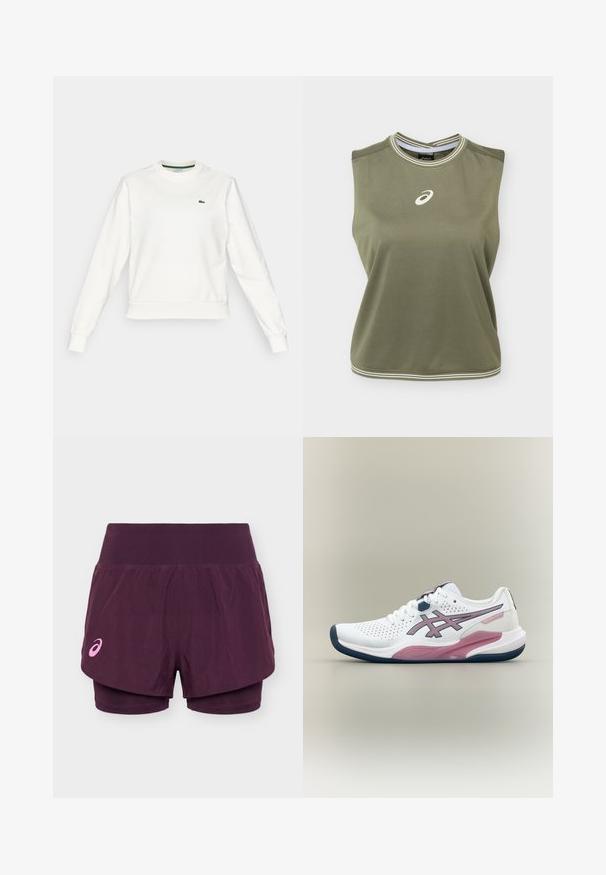 Witte sweatshirt met ronde hals en lange mouwen, met ribgebreide manchetten en zoom, voorzien van een klein groen krokodillenlogo op de linkerborst.; Mouwloze olijfgroene sporttop met wit Asics-logo in het midden van de borst, witgestreepte ronde halslijn en zoom.; Paarse hardloopshorts met dubbele laag, brede tailleband en klein roze Asics-logo op het linkerbeen.; Witte en roze atletische hardloopschoen met mesh bovenwerk, vetersluiting en donkerblauwe zool op een neutrale achtergrond.