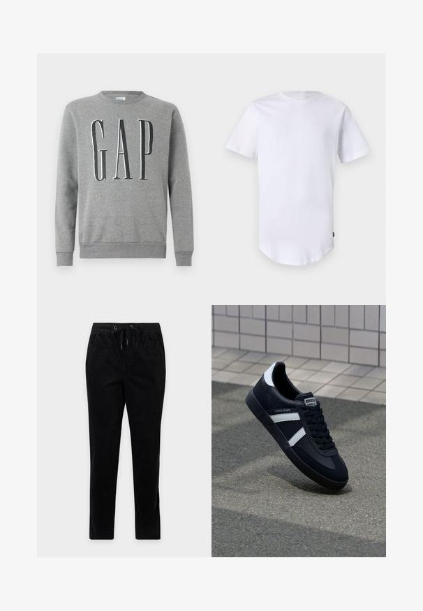 Grauer Sweatshirt mit Rundhalsausschnitt, gerippten Bündchen und Saum, mit dem Wort "GAP" in großer schwarzer Schrift auf der Vorderseite. Weicher Stoff.; Weißes T-Shirt mit kurzen Ärmeln aus Baumwolle. Rundhalsausschnitt mit abgerundetem Saum. Etikett auf der unteren linken Seite sichtbar. Glatte Textur.; Schwarze Cordhosen mit geradem Bein, elastischem Bund, Kordelzug und Seitentaschen, vor neutralem Hintergrund präsentiert.; Schwarze Leder-Sneaker mit weißen Streifen, strukturiertem Gummisohle und Schnürung. Verfügt über ein Markenetikett auf der Zunge.