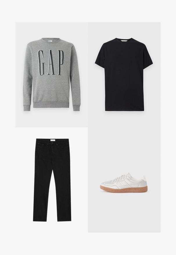 Grå sweatshirt med rund hals, ribbede manchetter og kant, med ordet "GAP" i store sorte bogstaver på forsiden. Blød stofstruktur.; Sort kortærmet t-shirt lavet af blødt bomuldsstof. Rund halsudskæring med en afslappet pasform, der har rene, enkle linjer og ingen synlige mønstre.; Sorte lige ben jeans med fem-lomme design, knap- og lynlåslukning samt et Pier One mærkeetiket på taljen.; Sølv sneakers med en glat overflade, snørebånd, perforerede detaljer og en struktureret brun gummi sål.