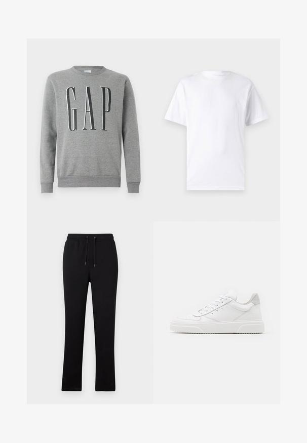 Grauer Sweatshirt mit Rundhalsausschnitt, gerippten Bündchen und Saum, mit dem Wort "GAP" in großer schwarzer Schrift auf der Vorderseite. Weicher Stoff.; Weißes kurzärmeliges T-Shirt aus Baumwolle mit Rundhalsausschnitt, das eine glatte Textur und ein einfaches Design ohne Muster oder Akzente aufweist.; Schwarze Jogginghose mit geradem Bein, elastischem Bund mit Kordelzug und ohne sichtbare Muster oder Akzente.; Weiße Leder-Sneaker mit glatter Oberfläche, rundem Zehenbereich, flachen Schnürsenkeln und strukturiertem Schuhsohlen. Graues Wildleder-Detail an der Ferse.