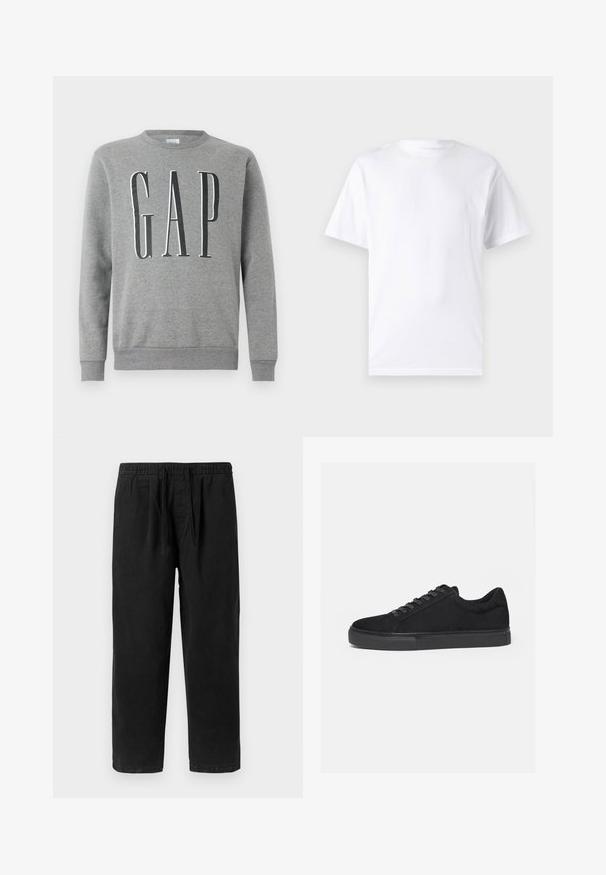 Grauer Sweatshirt mit Rundhalsausschnitt, gerippten Bündchen und Saum, mit dem Wort "GAP" in großer schwarzer Schrift auf der Vorderseite. Weicher Stoff.; Weißes kurzärmeliges T-Shirt aus Baumwolle mit Rundhalsausschnitt, das eine glatte Textur und ein einfaches Design ohne Muster oder Akzente aufweist.; Schwarze Baumwollhosen mit einem elastischen Bund und Kordelzug, im entspannten Schnitt und mit geraden Beinen ohne Taschen.; Schwarzer Low-Top-Sneaker mit Schnürung vorne und flacher Gummisohle, seitlich auf weißem Hintergrund dargestellt.