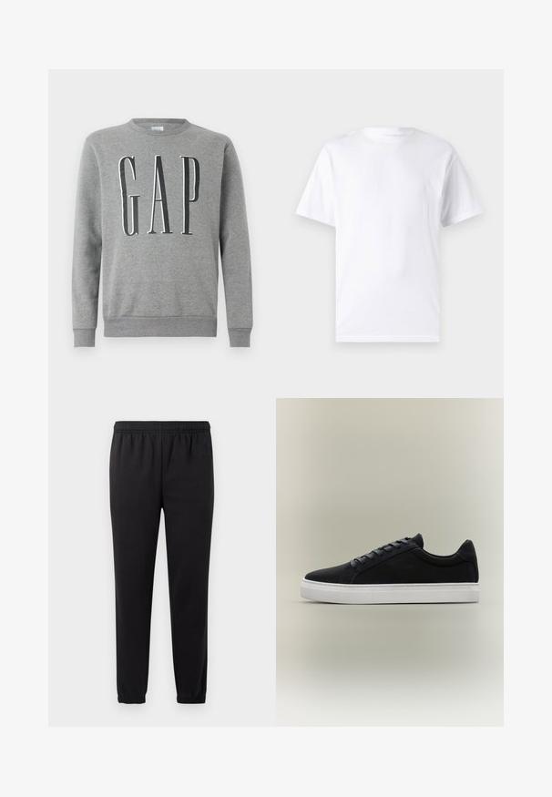 Grauer Sweatshirt mit Rundhalsausschnitt, gerippten Bündchen und Saum, mit dem Wort "GAP" in großer schwarzer Schrift auf der Vorderseite. Weicher Stoff.; Weißes kurzärmeliges T-Shirt aus Baumwolle mit Rundhalsausschnitt, das eine glatte Textur und ein einfaches Design ohne Muster oder Akzente aufweist.; Schwarze Jogginghose mit elastischem Bund, schmal zulaufenden Beinen und strukturiertem Stoff. Verfügt über ein dezentes Logo-Detail auf der linken Seite.; Schwarzer Low-Top-Sneaker mit weißer Gummisohle, Schnürdesign und gepolstertem Kragen, dargestellt auf neutral grauem Hintergrund.