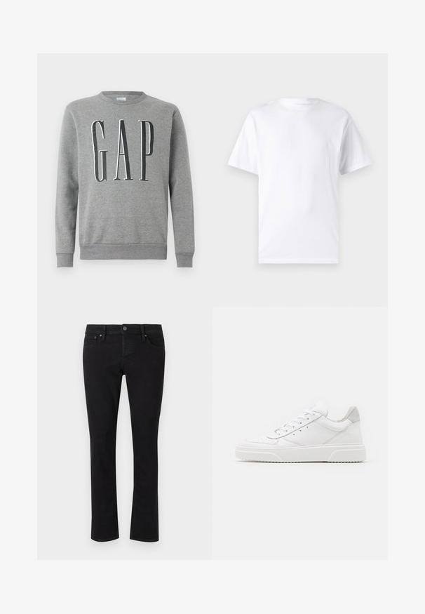 Grauer Sweatshirt mit Rundhalsausschnitt, gerippten Bündchen und Saum, mit dem Wort "GAP" in großer schwarzer Schrift auf der Vorderseite. Weicher Stoff.; Weißes kurzärmeliges T-Shirt aus Baumwolle mit Rundhalsausschnitt, das eine glatte Textur und ein einfaches Design ohne Muster oder Akzente aufweist.; Schwarze Jeans aus Denim mit geradem Schnitt, Fünf-Taschen-Design, Metallknopfverschluss und minimaler Stickereidetails. Durchgehend glatte Textur.; Weiße Leder-Sneaker mit glatter Oberfläche, rundem Zehenbereich, flachen Schnürsenkeln und strukturiertem Schuhsohlen. Graues Wildleder-Detail an der Ferse.