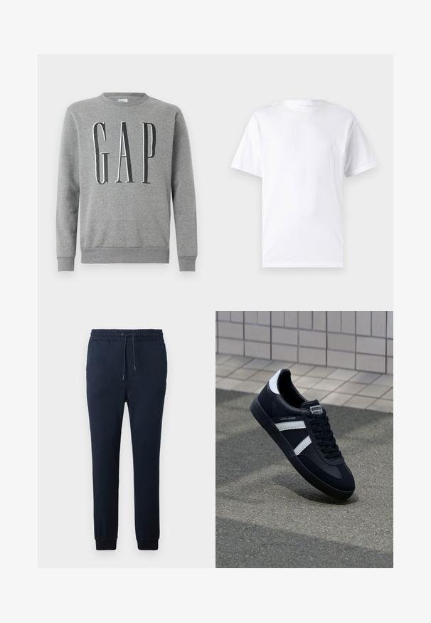 Grauer Sweatshirt mit Rundhalsausschnitt, gerippten Bündchen und Saum, mit dem Wort "GAP" in großer schwarzer Schrift auf der Vorderseite. Weicher Stoff.; Weißes kurzärmeliges T-Shirt aus Baumwolle mit Rundhalsausschnitt, das eine glatte Textur und ein einfaches Design ohne Muster oder Akzente aufweist.; Navyblaue Sweatpants aus weichem Stoff, mit einem elastischen Bund und Kordelzug, schmal zulaufenden Beinen und eng anliegenden Bündchen an den Knöcheln.; Schwarze Leder-Sneaker mit weißen Streifen, strukturiertem Gummisohle und Schnürung. Verfügt über ein Markenetikett auf der Zunge.