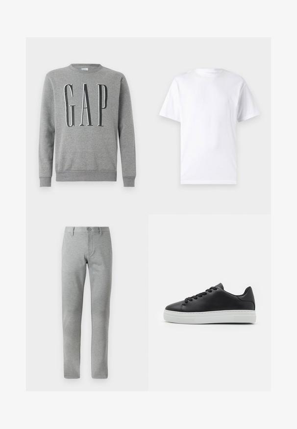 Grauer Sweatshirt mit Rundhalsausschnitt, gerippten Bündchen und Saum, mit dem Wort "GAP" in großer schwarzer Schrift auf der Vorderseite. Weicher Stoff.; Weißes kurzärmeliges T-Shirt aus Baumwolle mit Rundhalsausschnitt, das eine glatte Textur und ein einfaches Design ohne Muster oder Akzente aufweist.; Graue, gerade geschnittene Hosen aus strukturiertem Stoff. Mit einem Knopfverschluss, Gürtelschlaufen und seitlichen Taschen für Funktionalität.; Schwarze Leder-Sneaker mit runder Zehe, weißer Gummisohle und schwarzen Schnürsenkeln. Verfügt über eine glatte Oberfläche und ein minimalistisches Design.